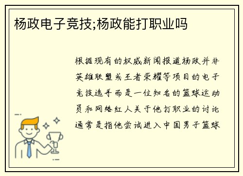 杨政电子竞技;杨政能打职业吗